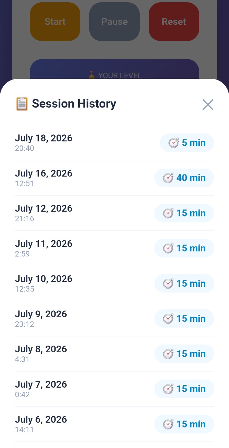 Focus Champion Timer session history screen