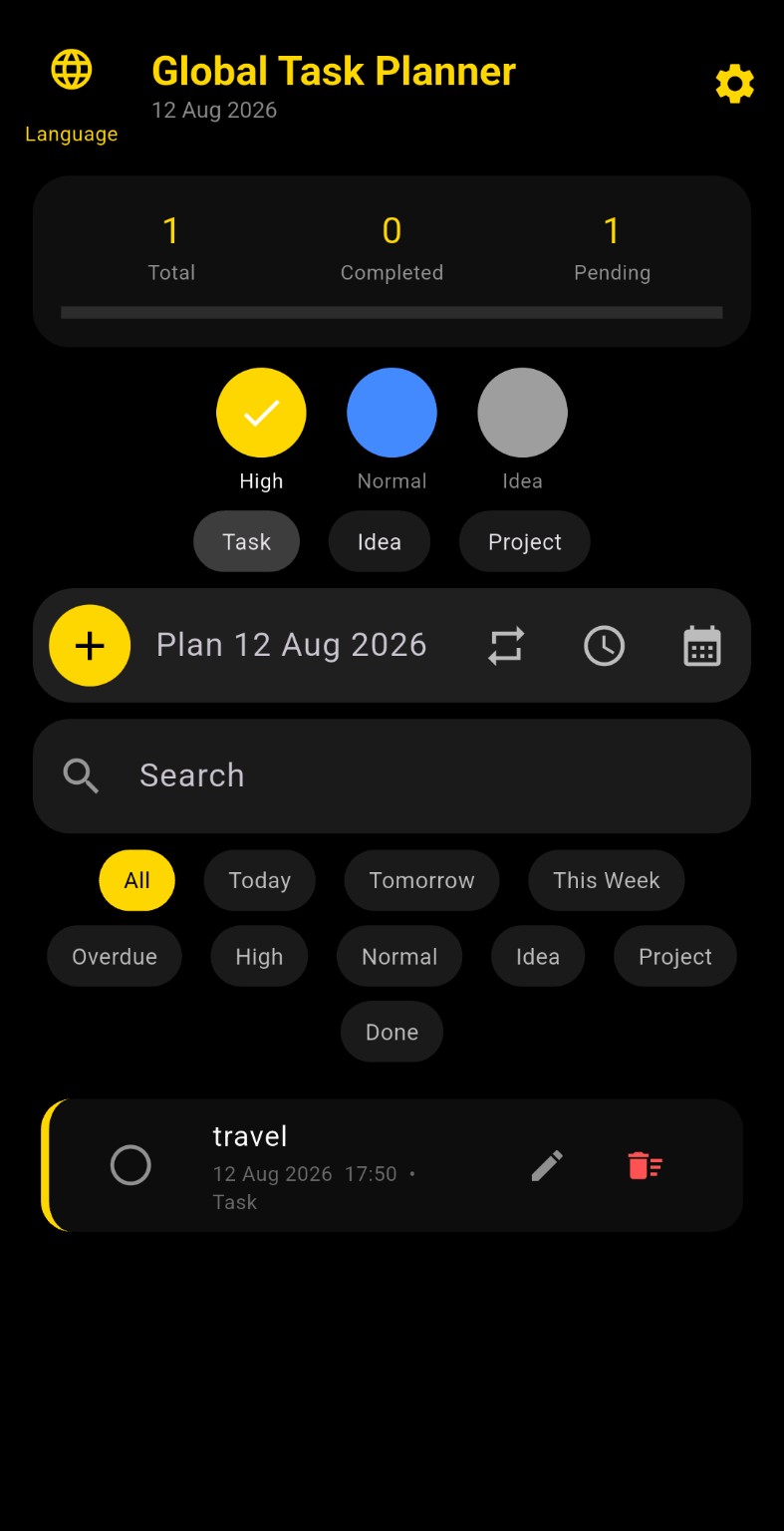 Global Task Planner home screen