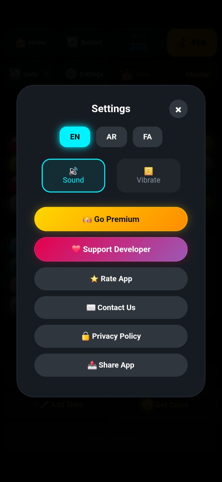Neon Ball Sort Pro settings screen